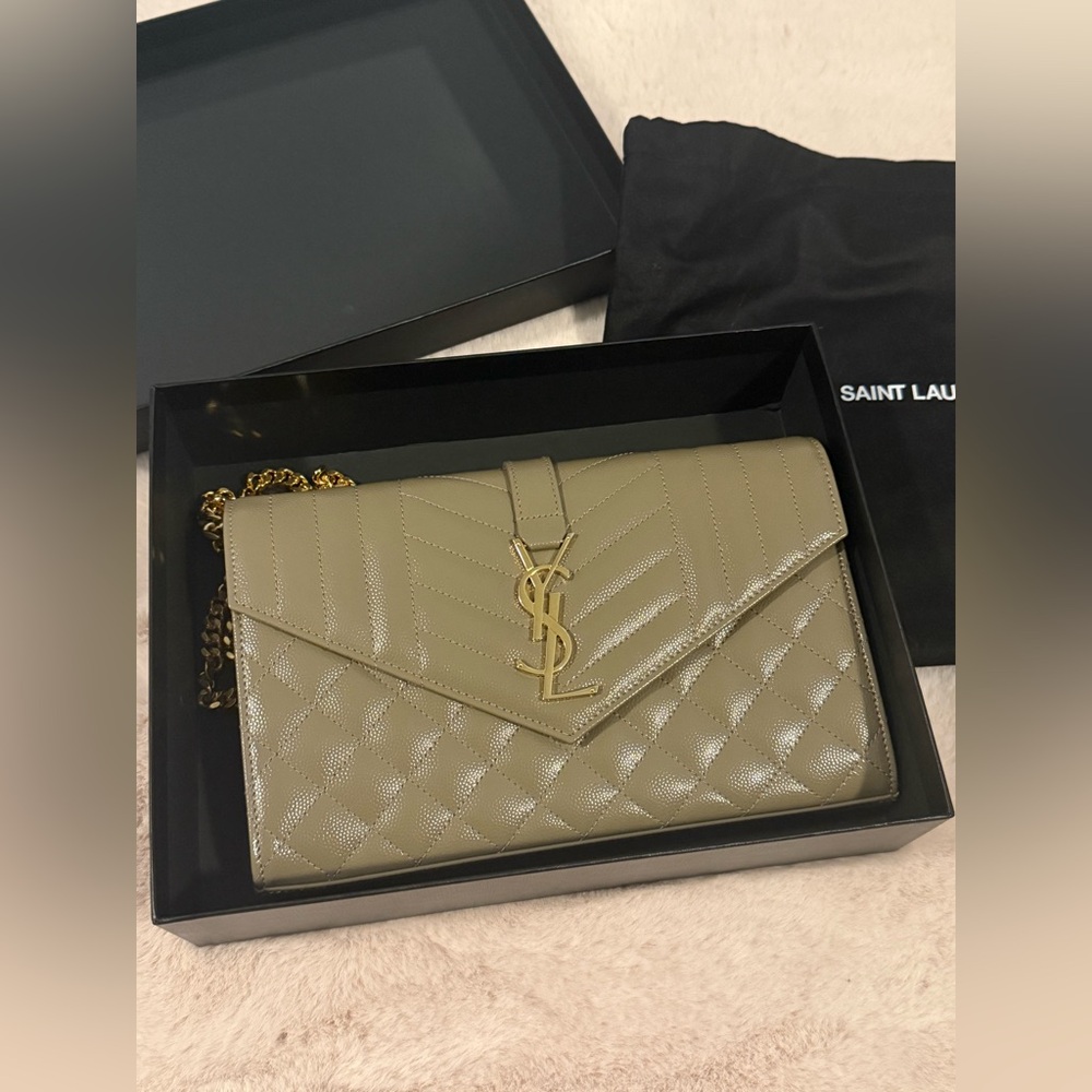 Saint Laurent YSL Monogram Large Wallet on Chain in Grained Leather Tan Brown